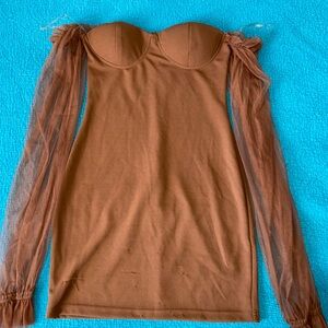 SHEIN Brown Off-Shoulder Dress with Sheer Long Sleeves